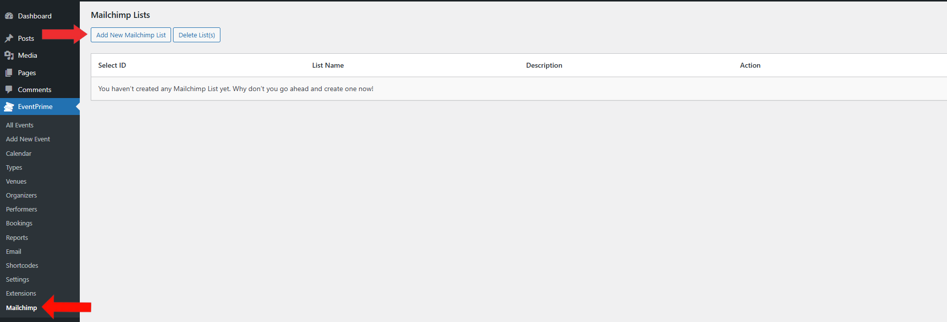 EventPrime Menu > Mailchimp Submenu > Click Add New Mailchimp List Button