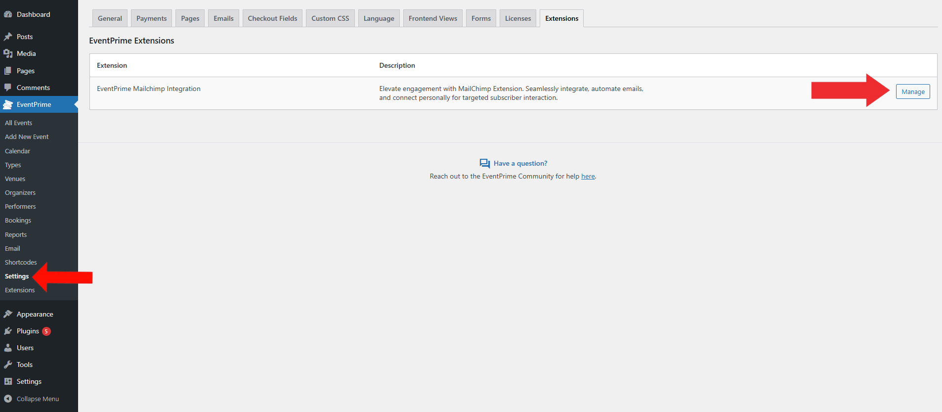 EventPrime Menu > Settings Submenu > Click Manage Button