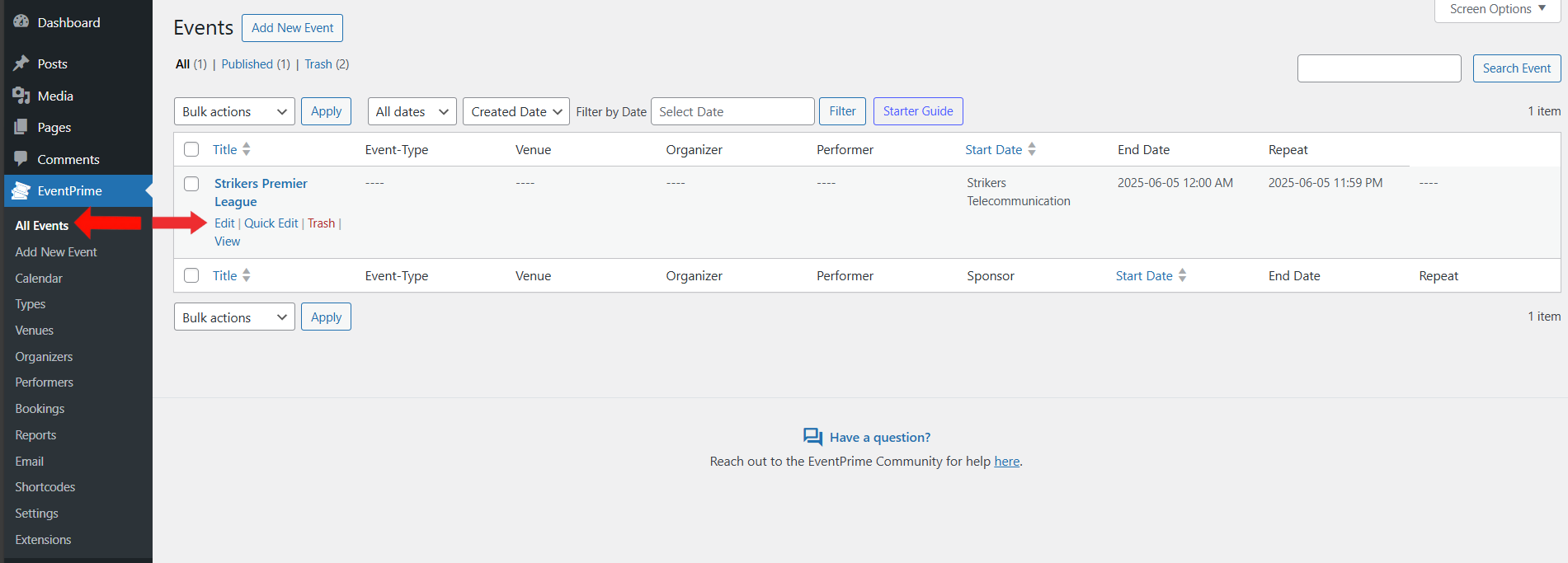 EventPrime Menu > All Events Submenu > Click Edit button