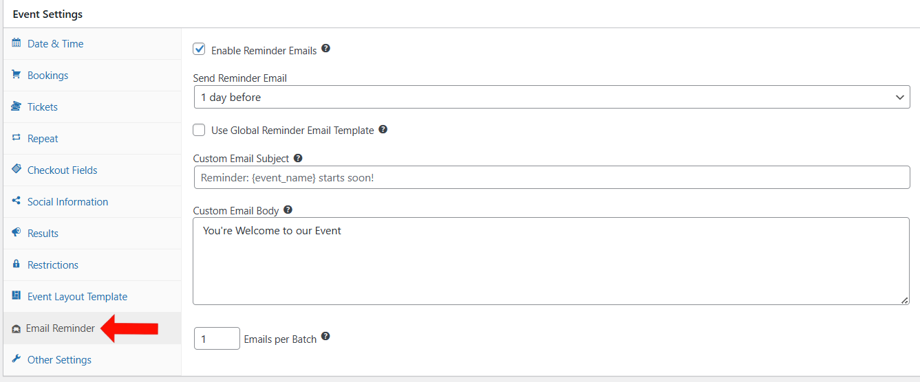 Edit Event Page > Event Settings > Email Reminder Tab