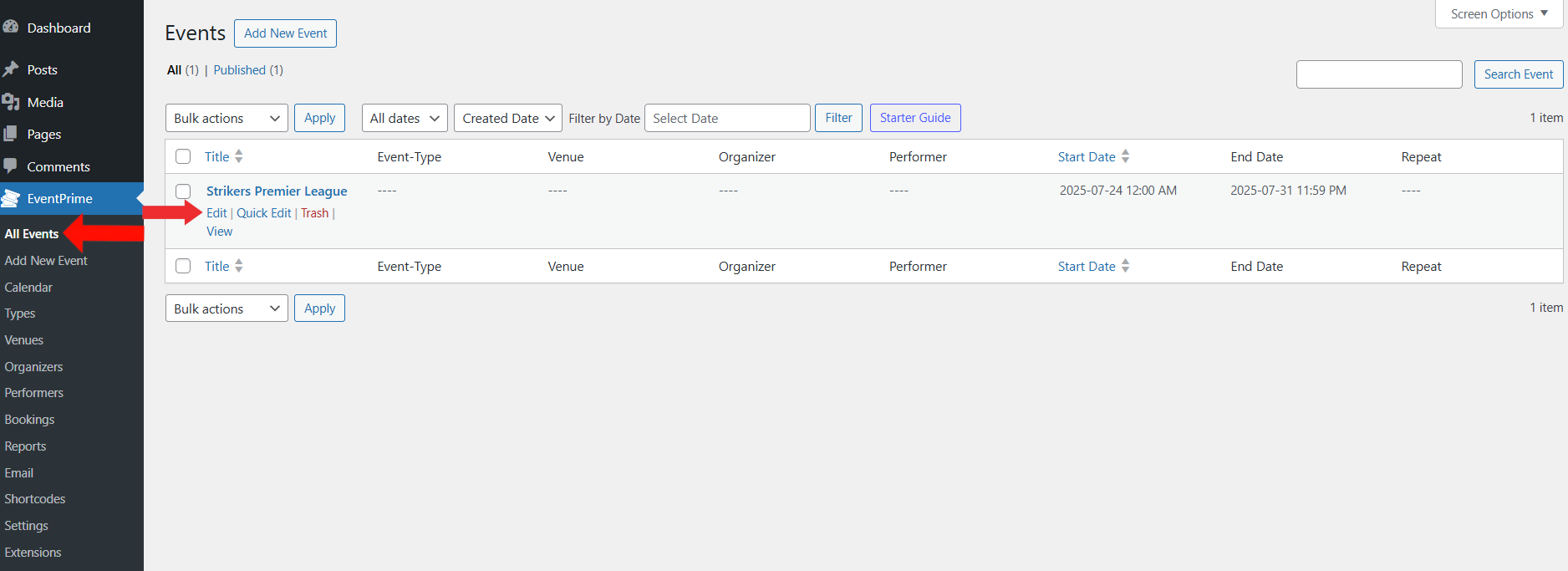 EventPrime Menu > All Events Submenu > Click Edit Button