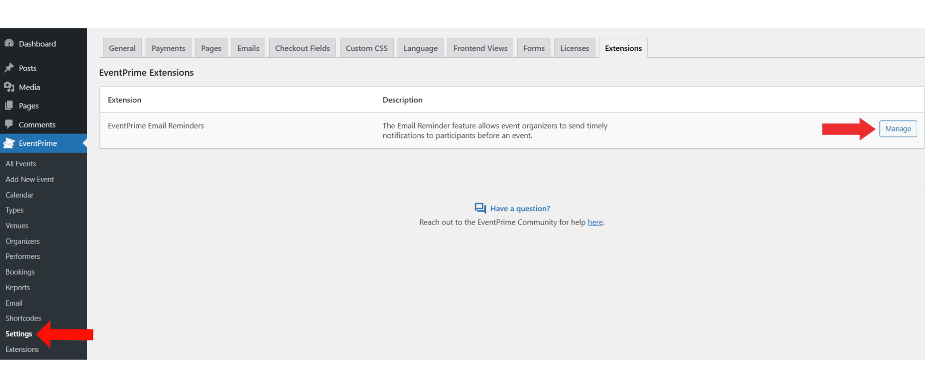 EventPrime Menu > Settings Submenu ? Extensions Tab > Click Manage Button