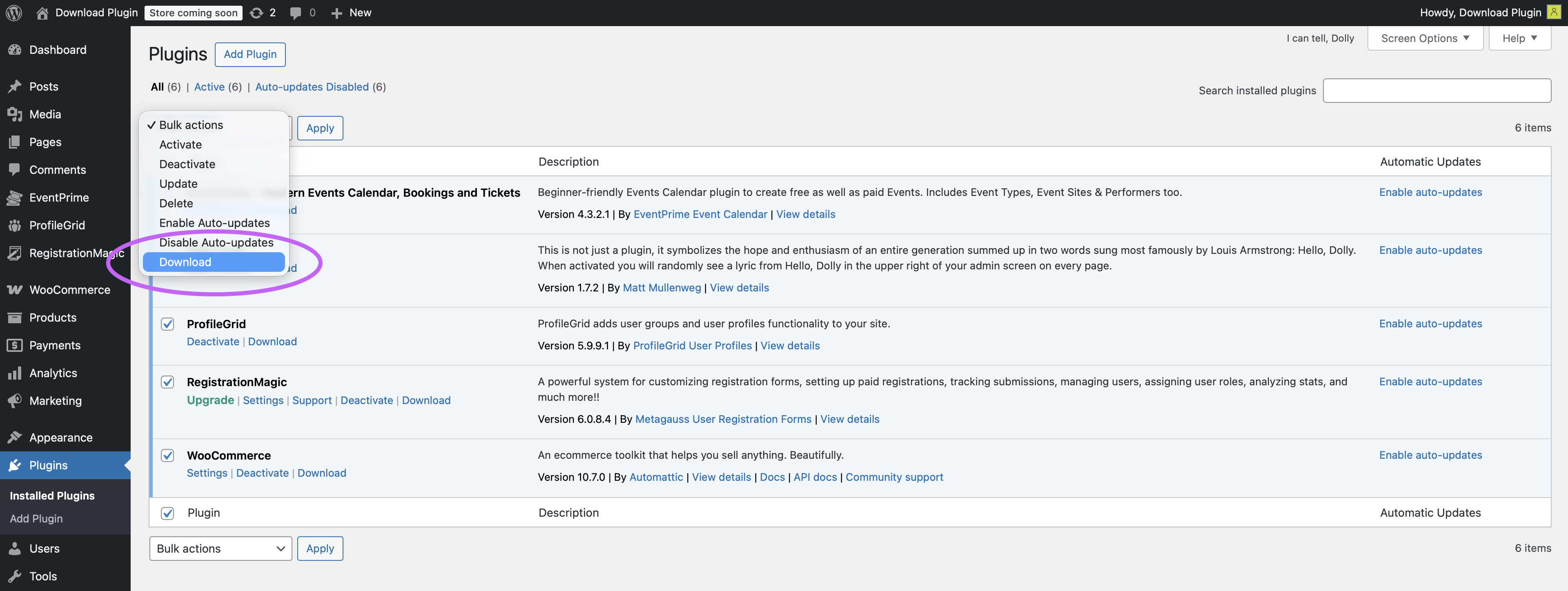 Bulk actions dropdown with Download selected