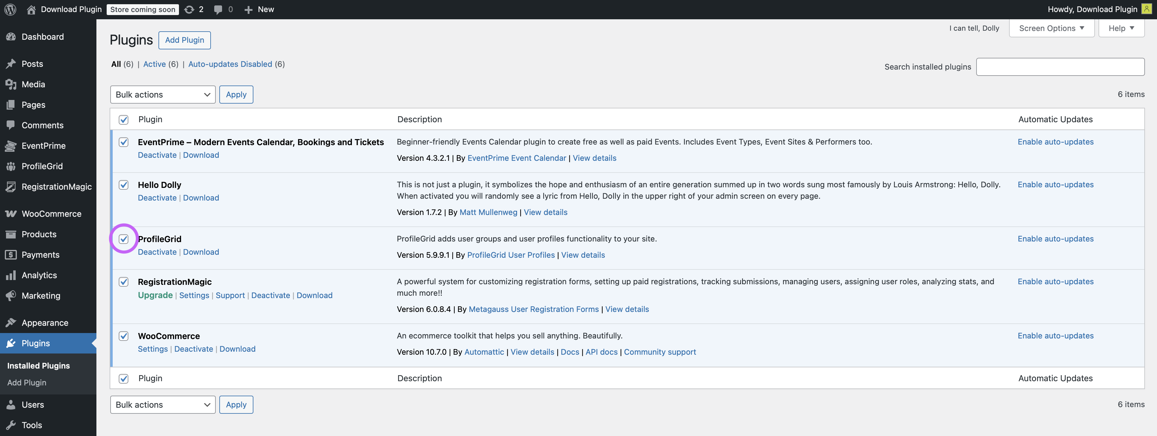 Selecting plugins to download in bulk