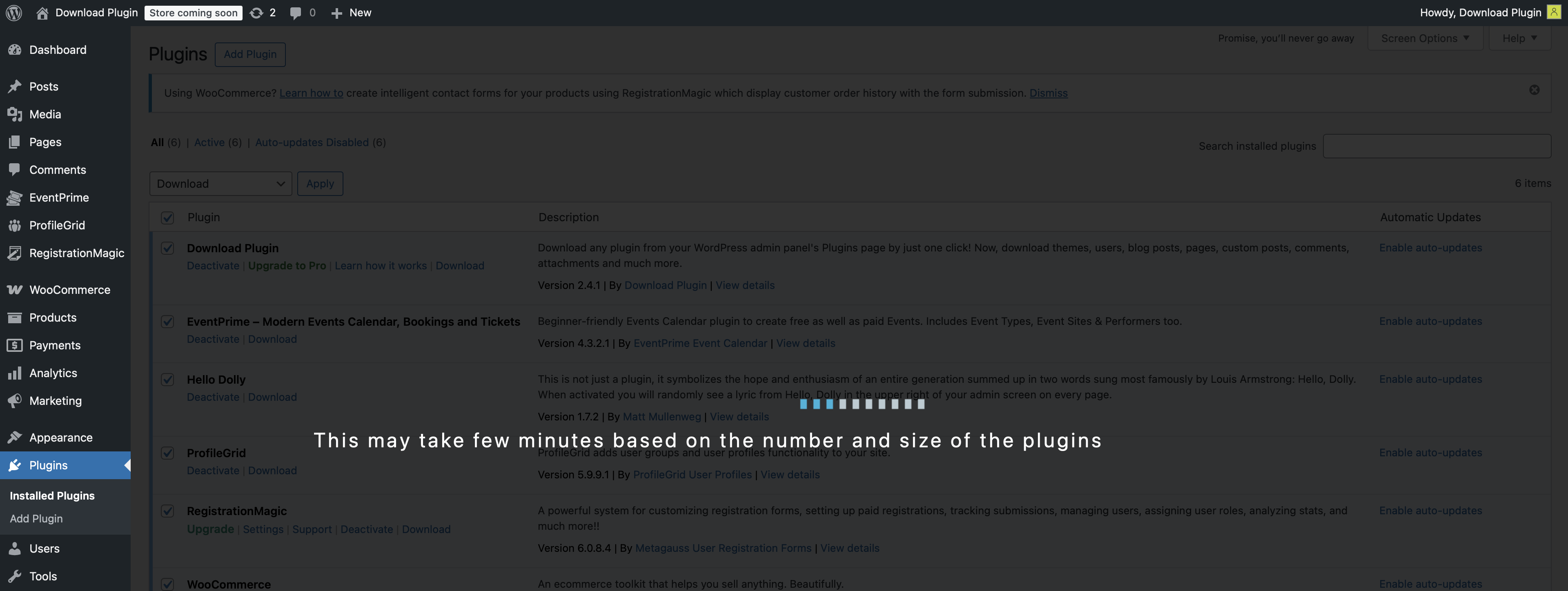 Waiting screen while downloads are prepared
