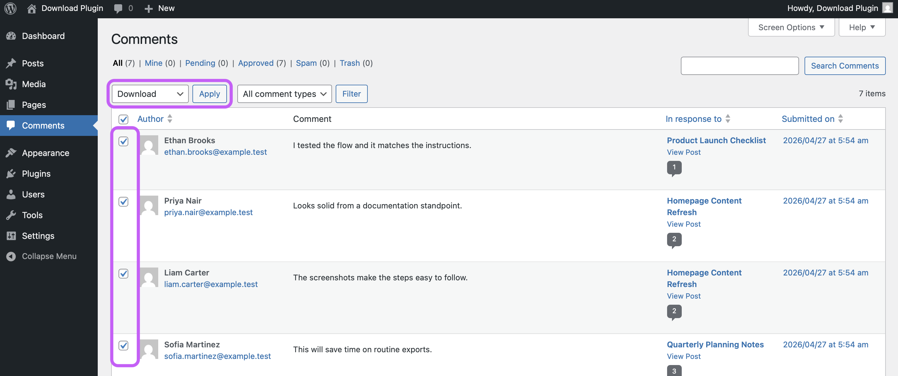 Comments screen showing multiple comments selected for bulk download