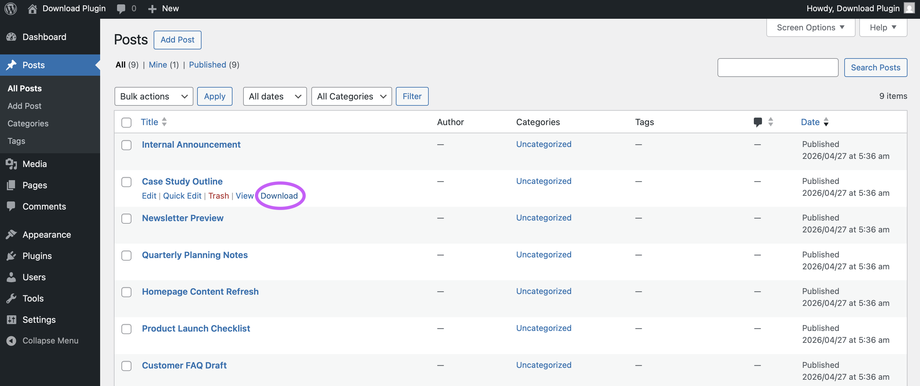Posts screen showing the Download row action for a single item