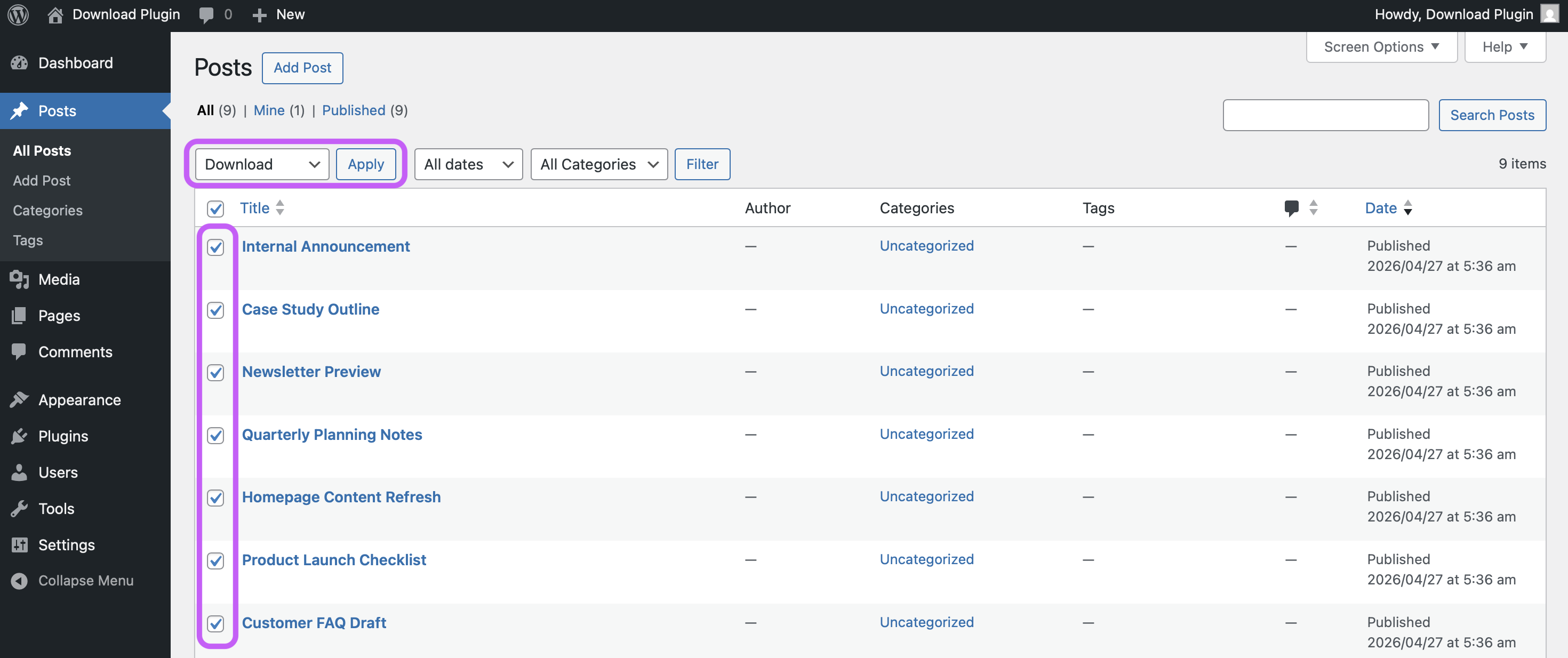 Posts screen showing multiple items selected for bulk download