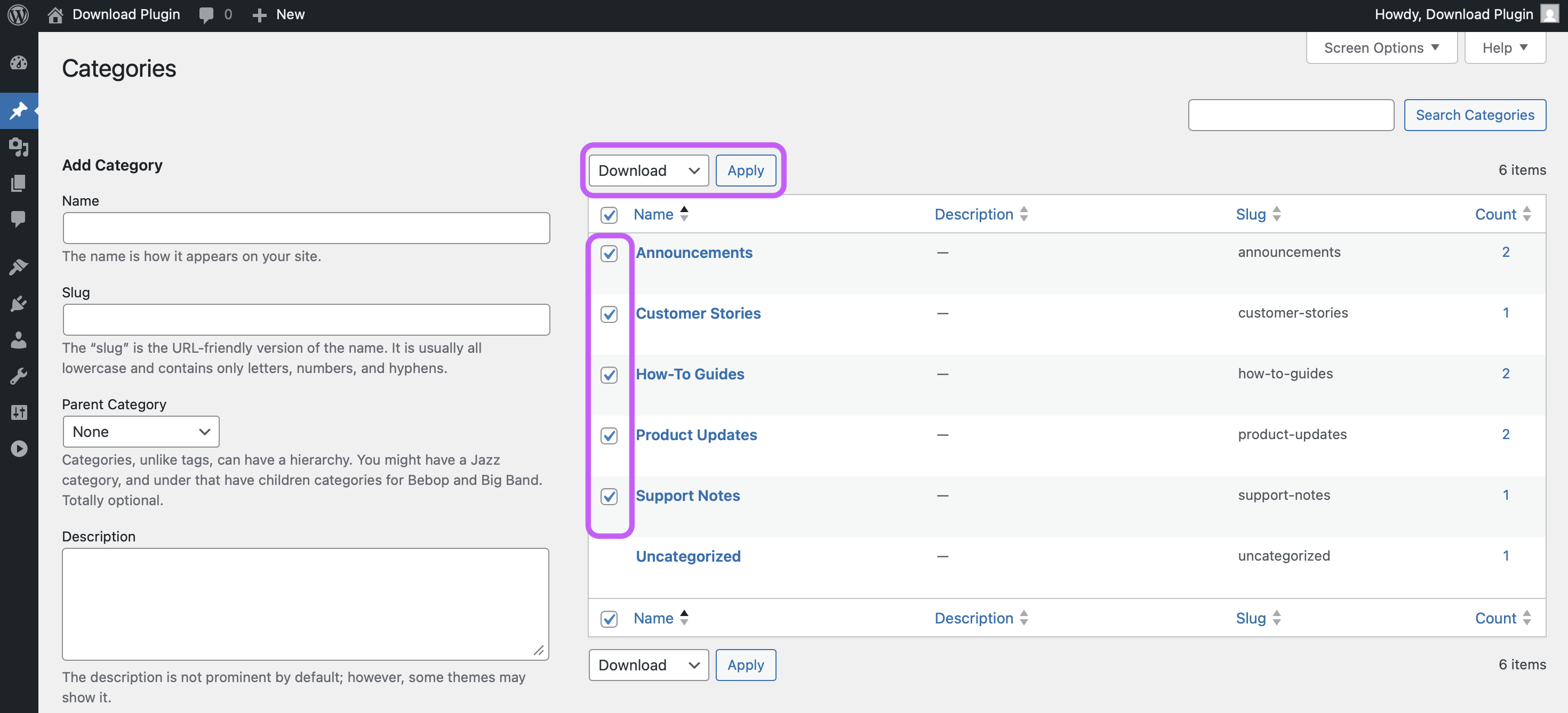 Taxonomy screen showing multiple terms selected for bulk download