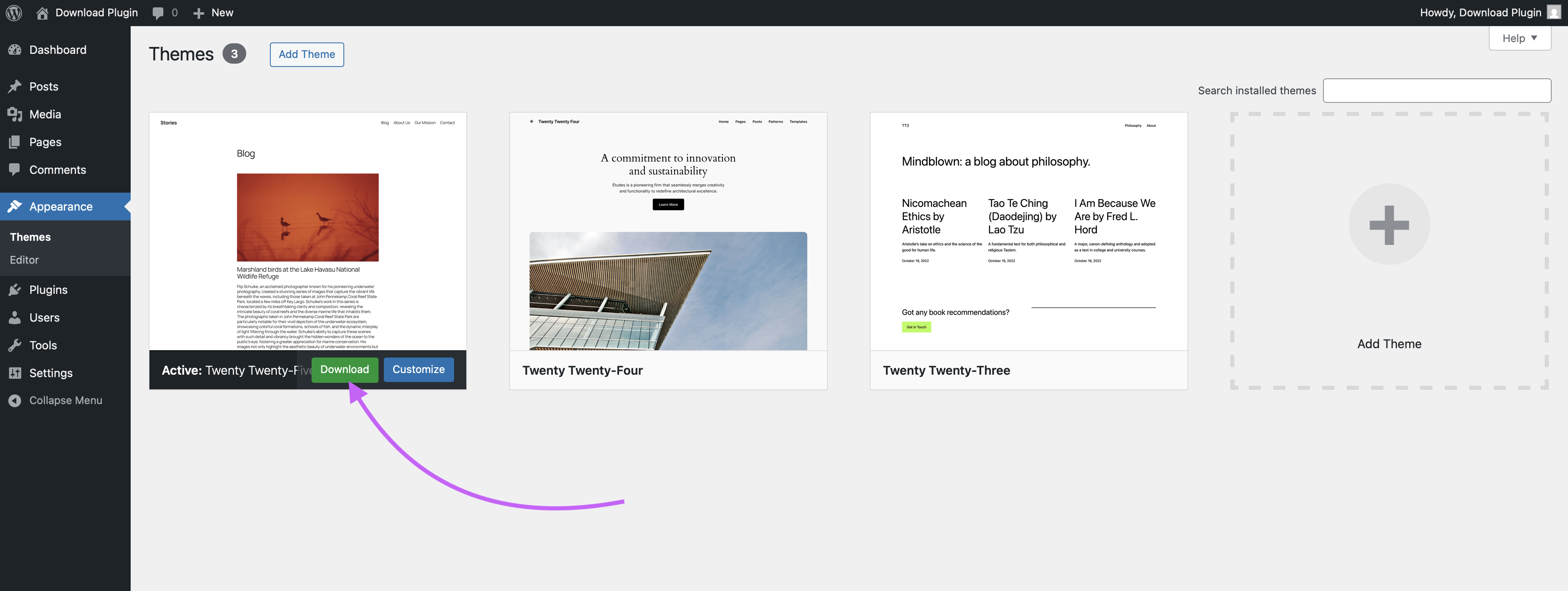 Theme download option in the Themes screen