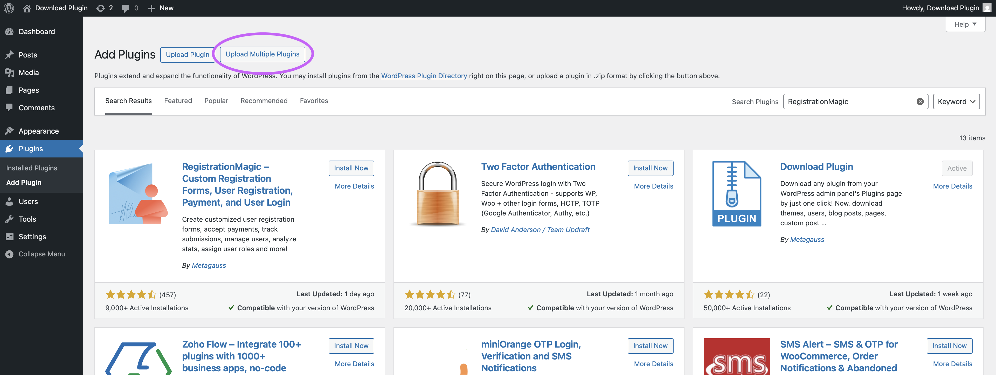 Highlighted Upload Multiple Plugins button