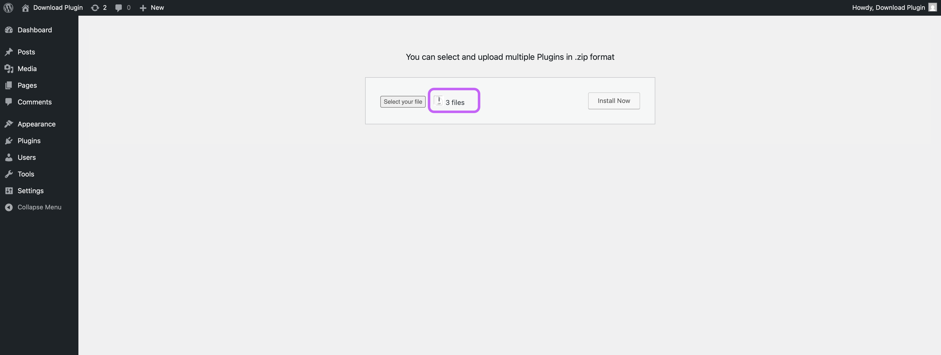 Three plugin files selected for upload