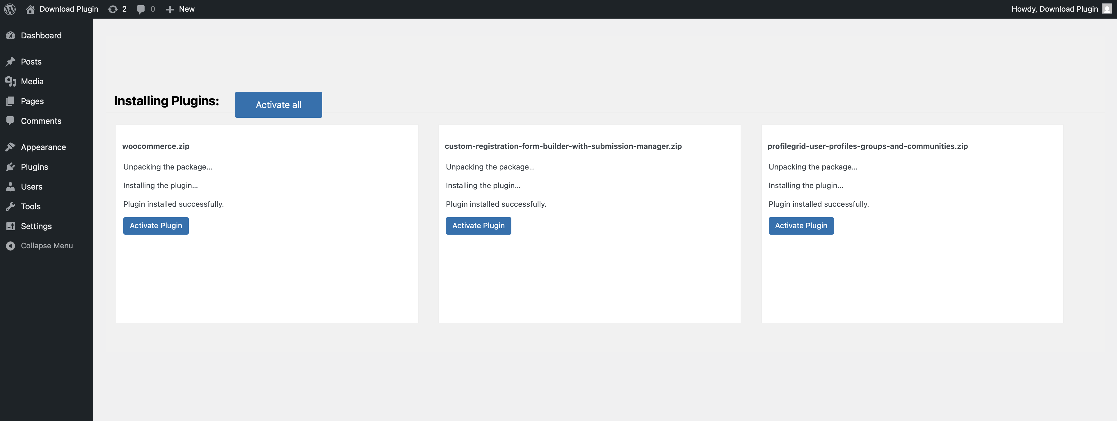 Installed plugins with activation options