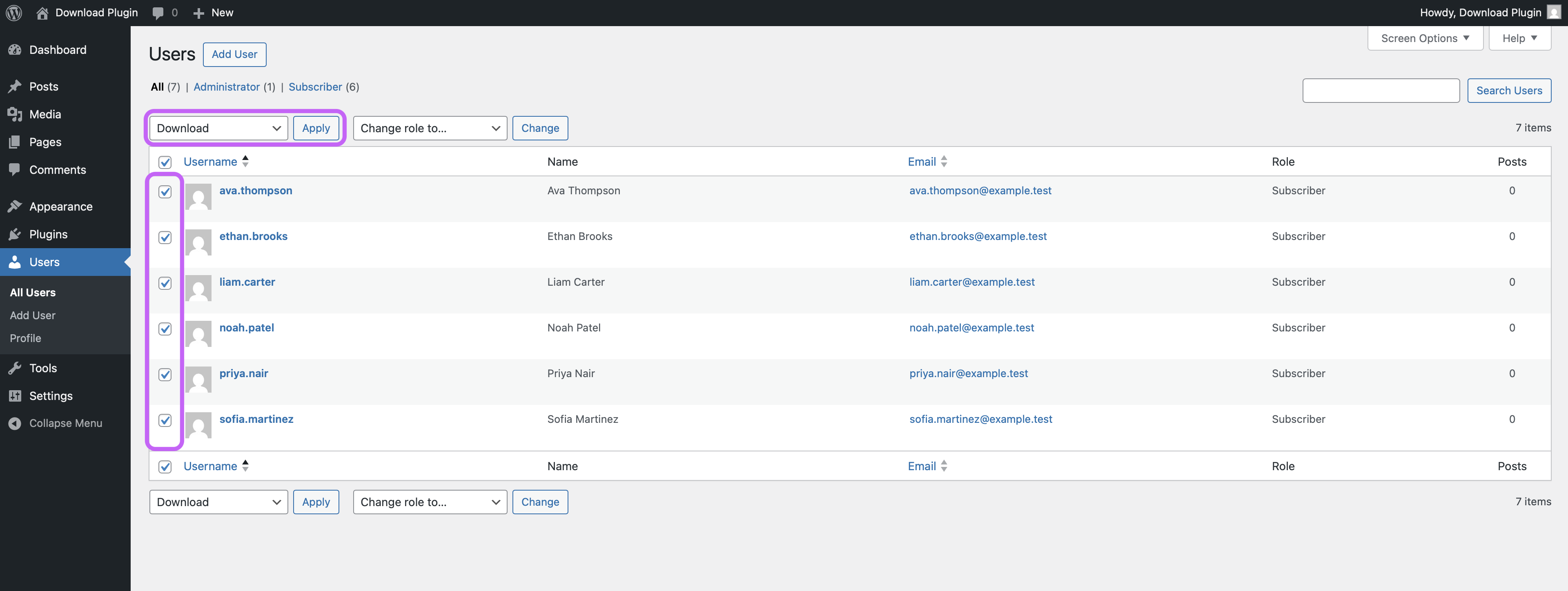 Users screen with multiple users selected for bulk download