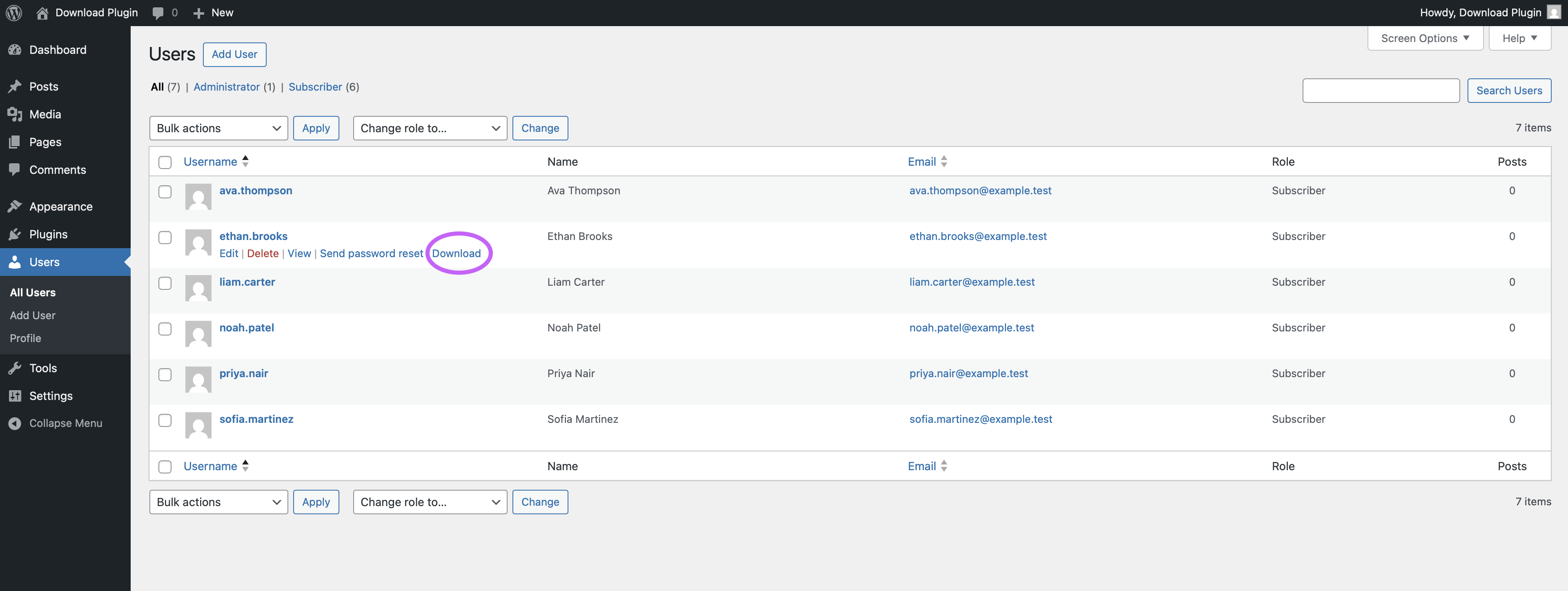 Users screen with Download row action for a single user
