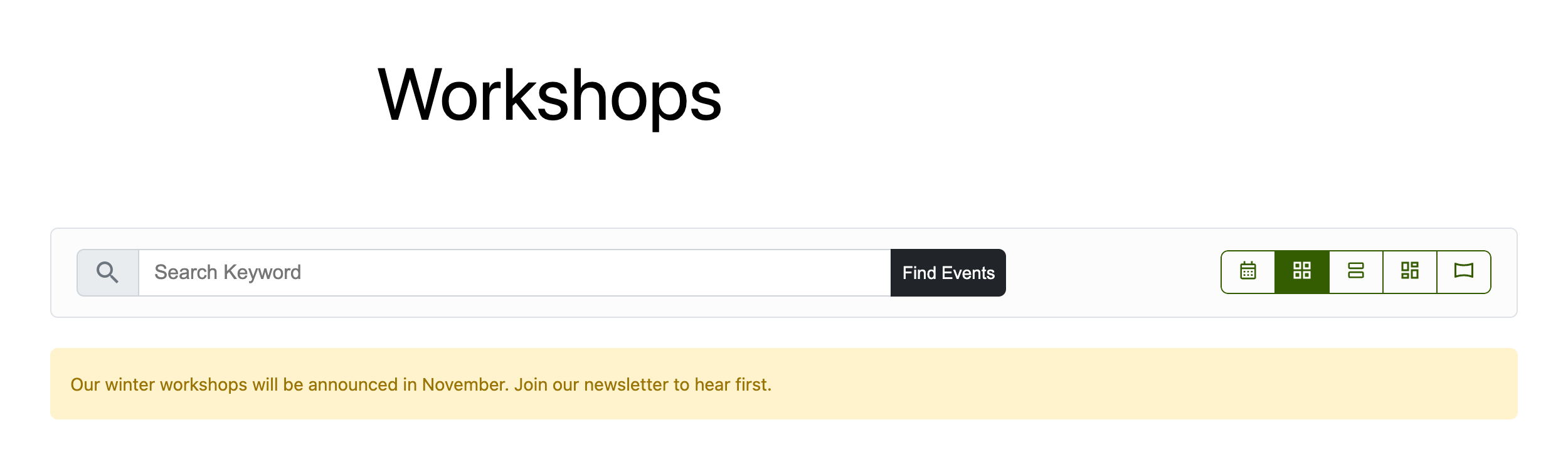 Custom no events message shown on an EventPrime events page