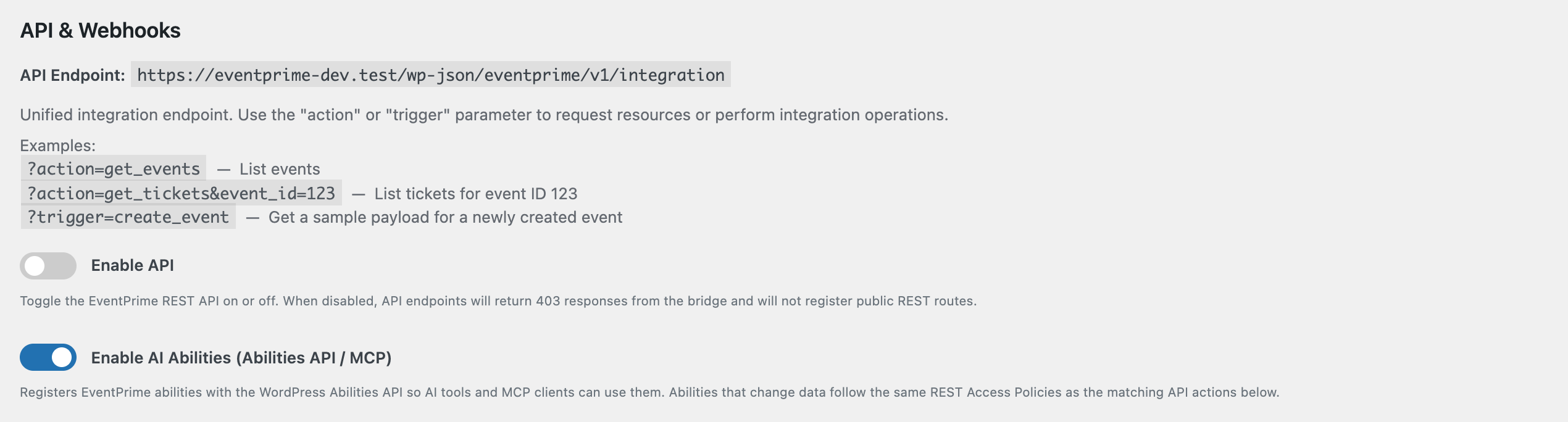 Enable AI Abilities toggle on the EventPrime API / Webhooks settings tab
