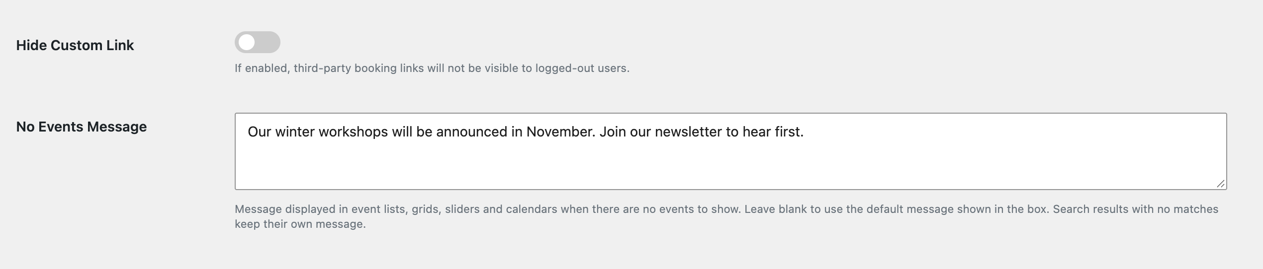 No Events Message field in EventPrime General View Settings