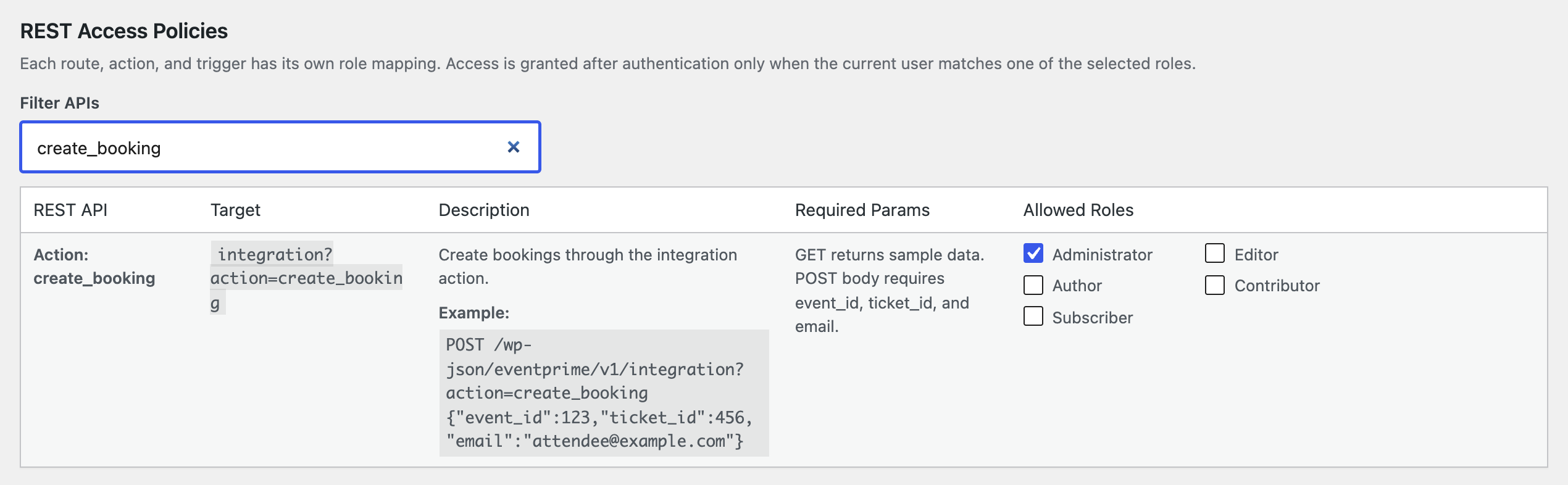 EventPrime REST Access Policies table filtered to create_booking