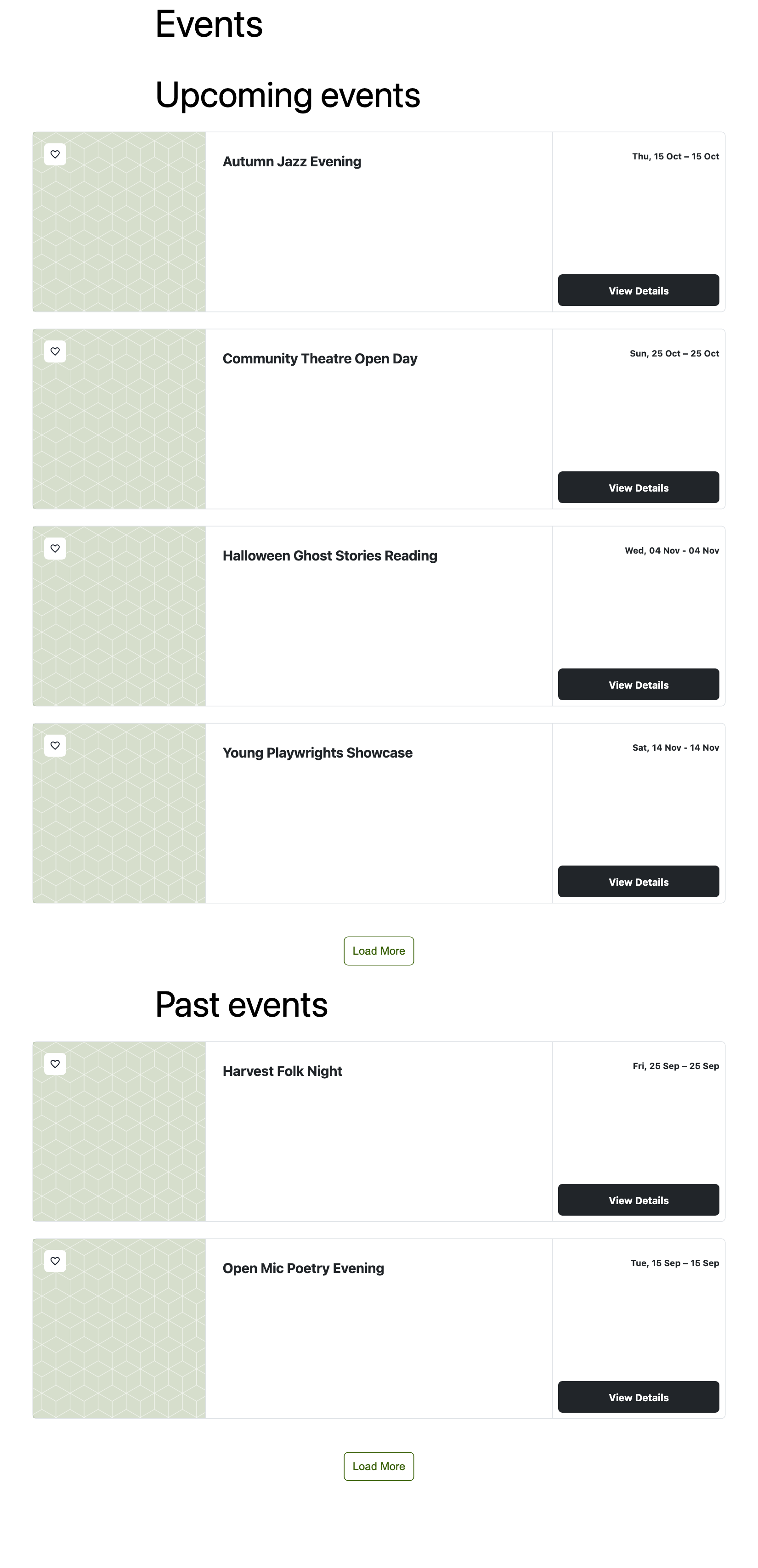 An upcoming events list and a past events list on one page, each with its own Load More button